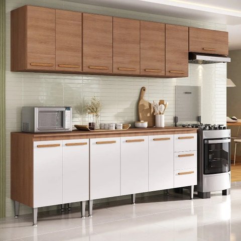 Cozinha Completa Modulada Audi 280cm Luxo com Armário Aéreo e Balcão - Aéreo Madeirada/Branca