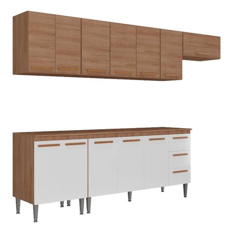 Cozinha Completa Modulada Audi 280cm Luxo com Armário Aéreo e Balcão - Aéreo Madeirada/Branca