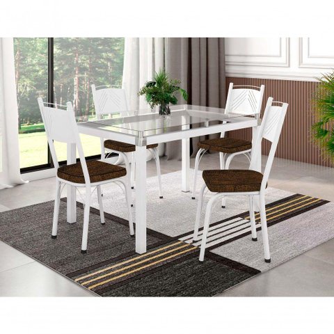 Conjunto de Mesa Tubular Branco Tampo de Vidro Incolor 1,07m com 4 Cadeiras 151 Assento Imbuia