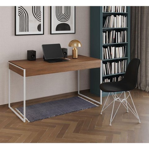 Escrivaninha Industrial Escritório Malta Amêndoa 137X53Cm Com 1 Cadeira Preta Base Ferr Cor: