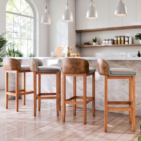 Kit 4 Banquetas Minimalista Estofada Reforçada Sala Estar Acabamento Semi Brilho Pé Madeira Maciç