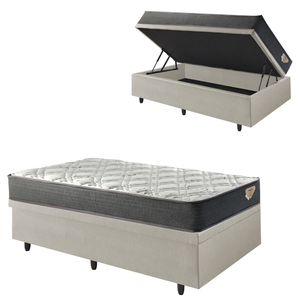 Cama Box com Baú Solteiro 88x188 com Colchão Adapto Molas Ensacadas Ecoflex Courino Linho
