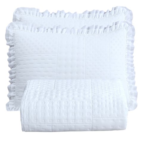 Colcha Casal Percal 300 Fios Babado Malvinni 3 Peças - Branco