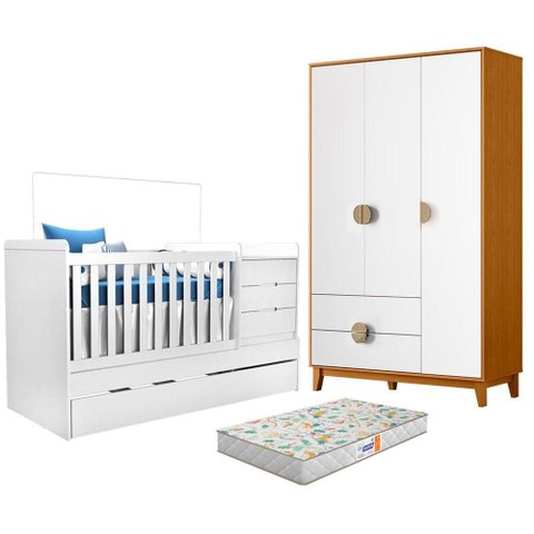 Berço Multifuncional Cléo com Colchão Gazin com Guarda Roupa Ipê 3 Portas Branco Cinamomo - Mó