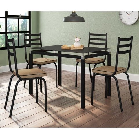 Conjunto de Mesa Malva Sf Fosco com Tampo Vidro 1,07 Preto com 4 Cadeiras 118