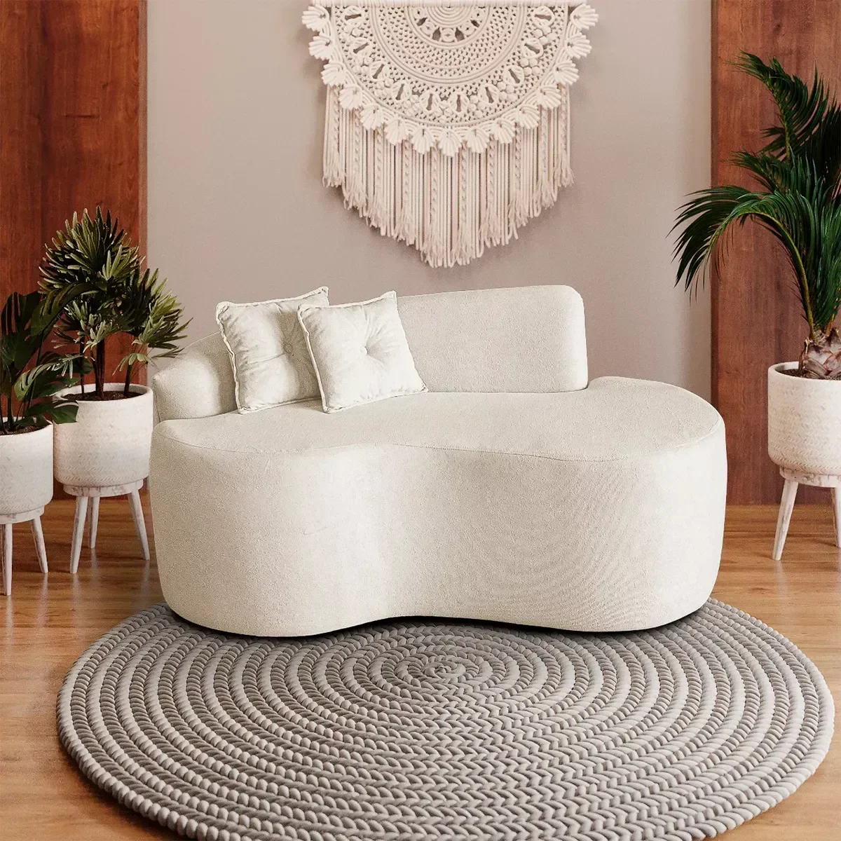 Sofá Curvo Feijão Pequeno 2 Lugares Moderno Forma Orgânica Bouclé Creme - 3
