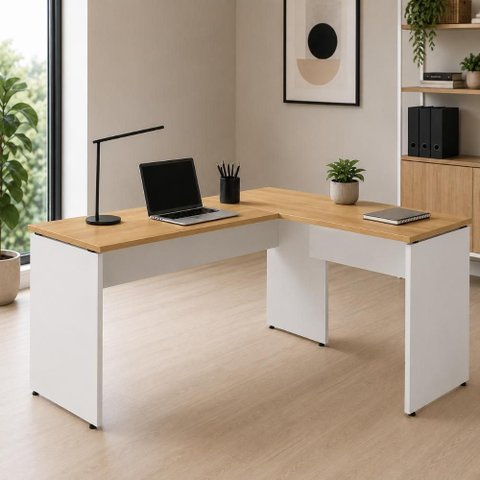 Mesa Escrivaninha em L 135cm x 150cm Pés Painel F5 Office Cor:Macadâmia com Branco