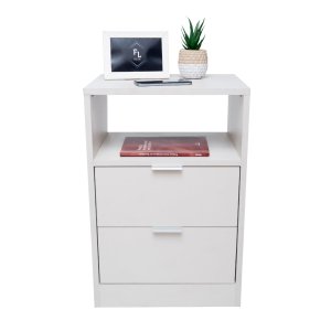 Mesa de Cabeceira Off White 2 Gavetas e 1 Nicho Mesinha para Quarto Lateral da Cama Estilo Cômoda
