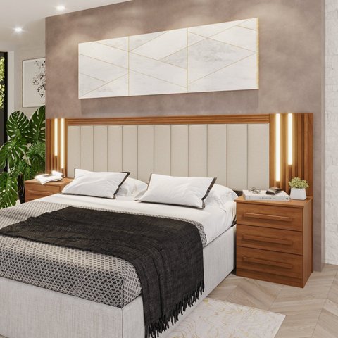 Cabeceira Casal Extensível Estofada com Led Luminous Yescasa Marrom Cinamomo/Leblon Areia