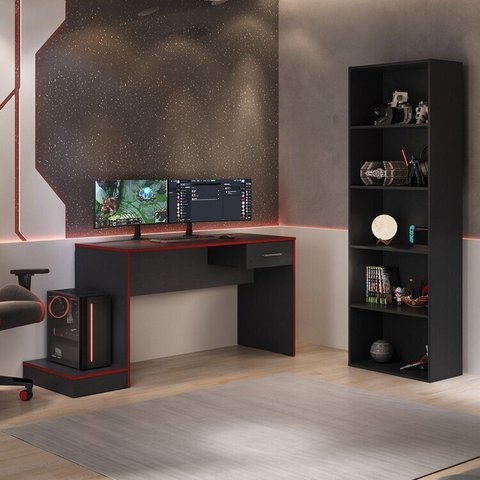 Conjunto de Escritório 2 Peças 1 Mesa Gamer com LED 1 Estante 5 Prateleiras Multy Preto