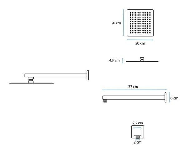 Ducha Chuveiro 20x20 Black Fosco Slim Inox Com Braço 40 Cm - 4