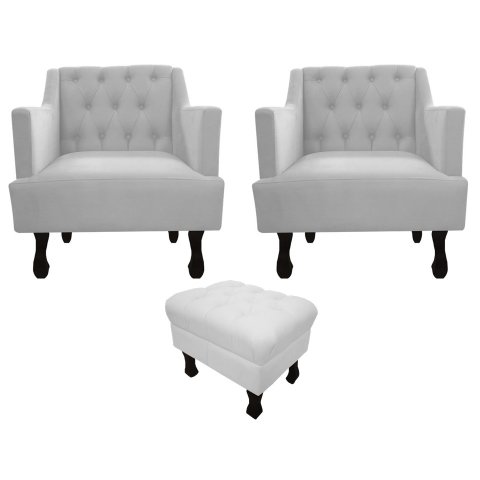 Kit 2 Poltronas Decorativa Julia + Puff Luis Xv Couro Branco Pés Madeira Ms Decor