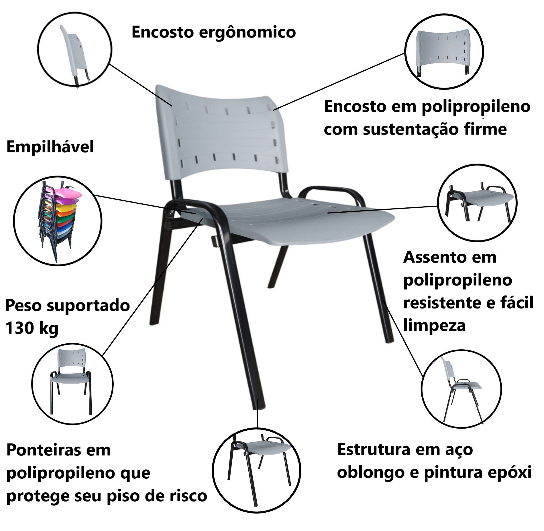 Kit com 10 Cadeiras Iso para Escola Escritório Comércio Cinza Base Preta Ecomhome - 6