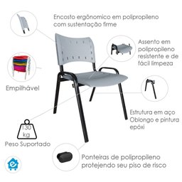 Kit com 10 Cadeiras Iso para Escola Escritório Comércio Cinza Base Preta Ecomhome - 7