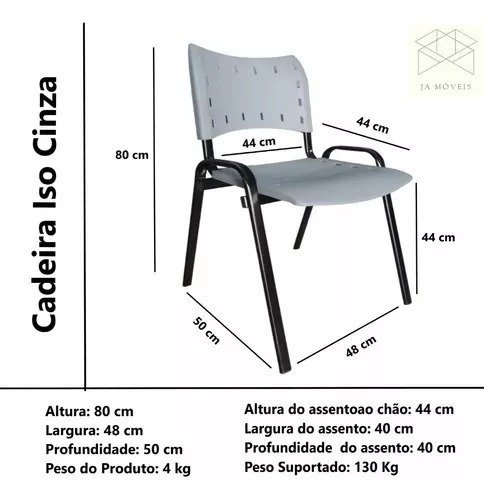 Kit Com 10 Cadeiras Iso Para Escola Escritório Comércio Cinza Base Preta - 4