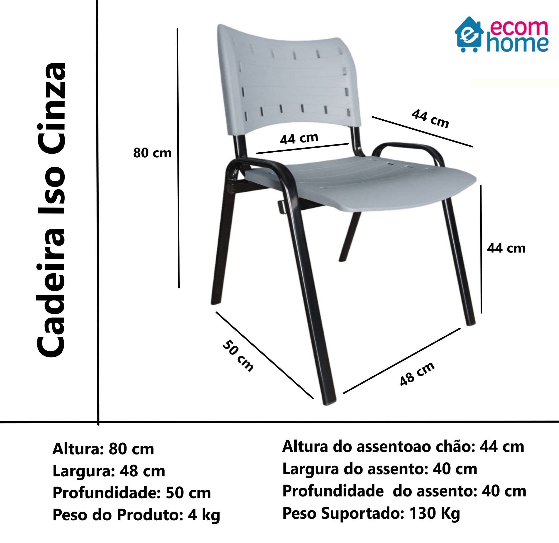 Kit com 10 Cadeiras Iso para Escola Escritório Comércio Cinza Base Preta Ecomhome - 7