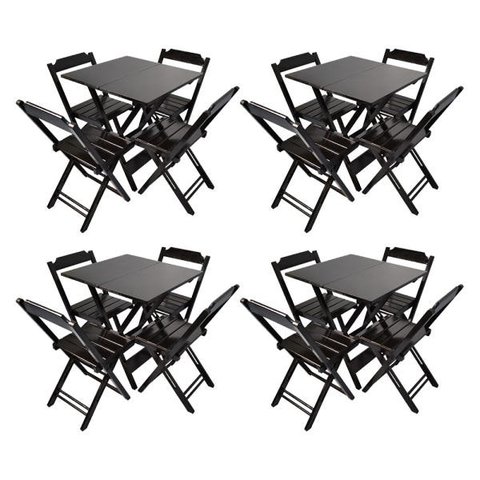 Kit 4 Jogos de Mesa com 4 Cadeiras de Madeira Dobrável 70x70 Ideal para Bar e Restaurante - Preto