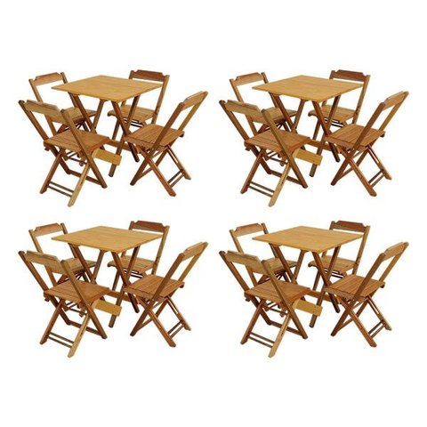 Kit 4 Conjuntos de Mesa com 4 Cadeiras de Madeira Dobrável 70x70 Mel