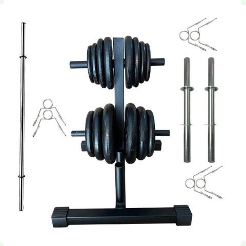 Kit Musculação com Suporte + 40 Kg de Anilhas Ferro com Barras