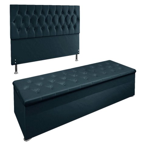 Kit Cabeceira e Calçadeira Baú Casal 1,40m Madrid Suede - Pallazio Azul Marinho