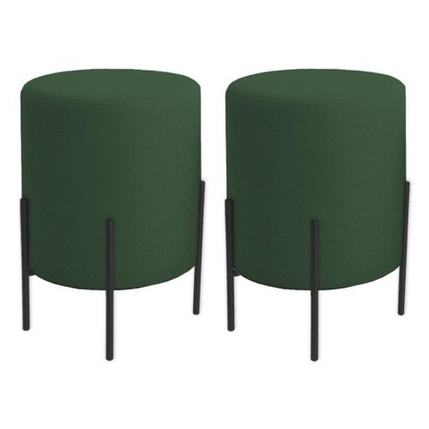 Kit 2 Puffs Orgânicos Veludo Thor com Pés de Ferro Preto - 7 Decor Verde Escuro