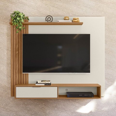 Painel Ripado para TV até 65 Polegadas 160cmx136cm Nichos Berlim Branco Off White/Nature