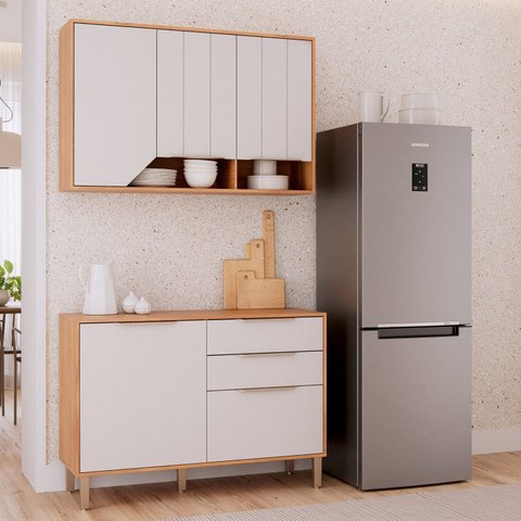 Cozinha Modulada 2 Peças Celeste com 1 Balcão e 1 Armário Aéreo Cinamomo/Offwhite