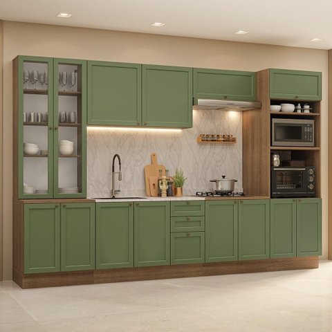 Armário de Cozinha Completa 340 cm Rustic/Verde Vik Madesa 01