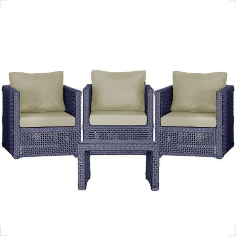 Mesa e 3 Poltronas Madri Corda Náutica Estofado 7 Trama Azul