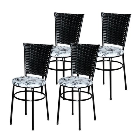 4 Cadeiras Preta para Mesa Hawai Preta Assento Floral Cor:floral Branco