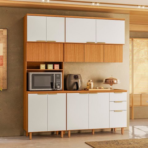 Cozinha Bari 3 Peças com Paneleiro Duplo Balcão 120cm com Tampo e Aéreo 120cm Poliman Móveis