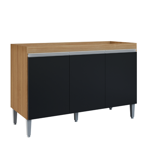 Balcão Gabinete de Cozinha 3 Portas 120cm Manu sem Tampo:amêndoa Preto