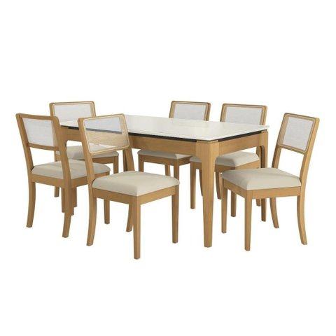 Conjunto Mesa Mira Premium Madeira Maciça C/ Tampo Madeirado C/ Vidro 160x90cm e 6 Cadeiras Lola