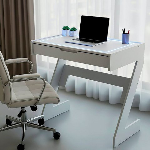 Escrivaninha para Escritório com Luz Azul Neon 1 Gaveta 73cm Branco