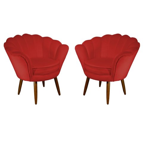 Kit 2 Poltronas Decorativa Pétala Suede Vermelho Pés Madeira Mz Decor