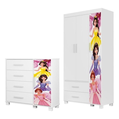 Guarda Roupa Infantil 3 Portas 2 Gavetas e Comoda 4 Gavetas 1 Porta MDF Livia Decmade