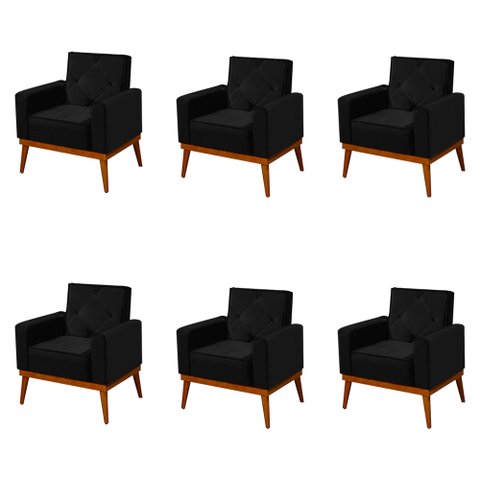 Kit 6 Poltronas Decorativa Florença Pés em Madeira Maciça Estofado Veludo - Preto