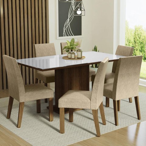 Conjunto Sala de Jantar Mesa Tampo de Vidro 6 Cadeiras Alexis Madesa