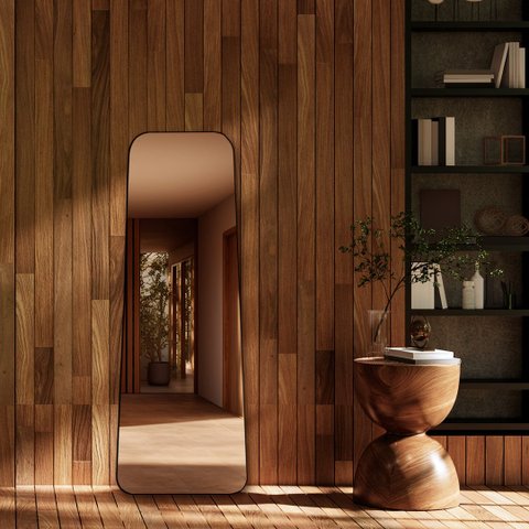 Espelho Grande Corpo Inteiro de Chão com Moldura em Couro Industrial 60x110cm - Mod. Tetris Preto