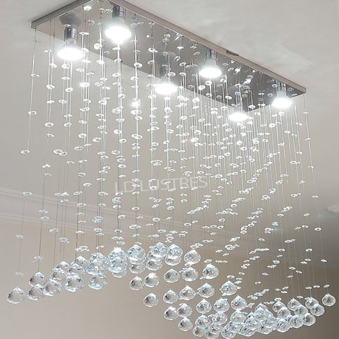 lustre de Cristal, Para Sala de Jantar, Recepção Com 50CM Altura e Base de Inox Espelhada 70x20CM