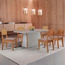 Ver imagem 1 de Mesa Jantar Diane 180cm Tampo Mdf Vidro 6 Cadeiras Copper Prem Moderna Linho Capuccino Off White