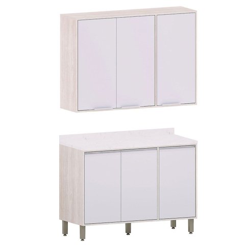 Kit Armário Aéreo com Balcão de Cozinha 120 Cm Atenas Cinza Cristal