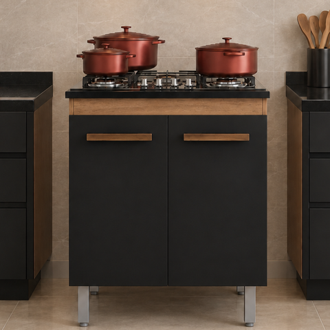 Balcão Armário de Cozinha para Cooktop 4 Bocas com 2 Portas Jade - Savana/Preto
