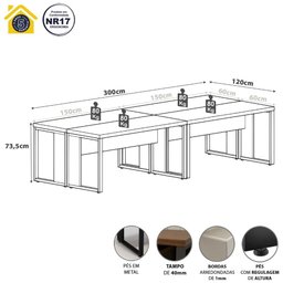 Plataforma de Trabalho 4 Pessoas 3,00m X 1,20m Pés Metal F5 Cor:nogal com Preto - 2