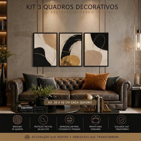 Kit 3 Quadros Decorativos Abstratos A3 para Sala Moderna:Preto