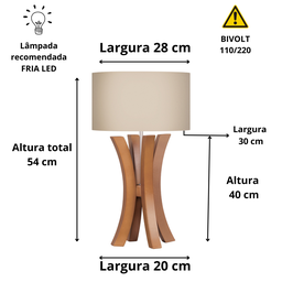 Abajur Aline Madeira Moderno para Sala Cúpula Tecido Algodão - 3