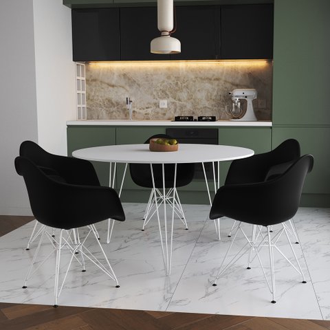 Mesa Jantar Redonda 110cm Branca Clips 3 Pés com 5 Poltronas Eames Eiffel Pretas Ferro Branco