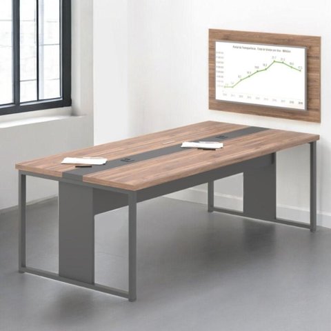 Mesa de Reunião com Painel Retangular Moderno sem Gavetas MDP 240cm Noce Preto