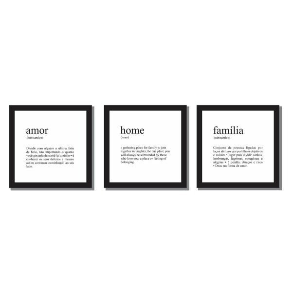 Kit 3 quadros decorativos Significados Amor Família Home