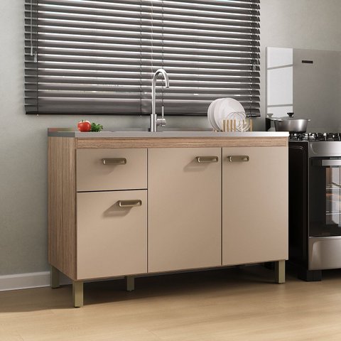 Balcão para Pia 120cm em MDF 15cm 3 Portas e Uma Gaveta Marrom/Champagne/Rosé
